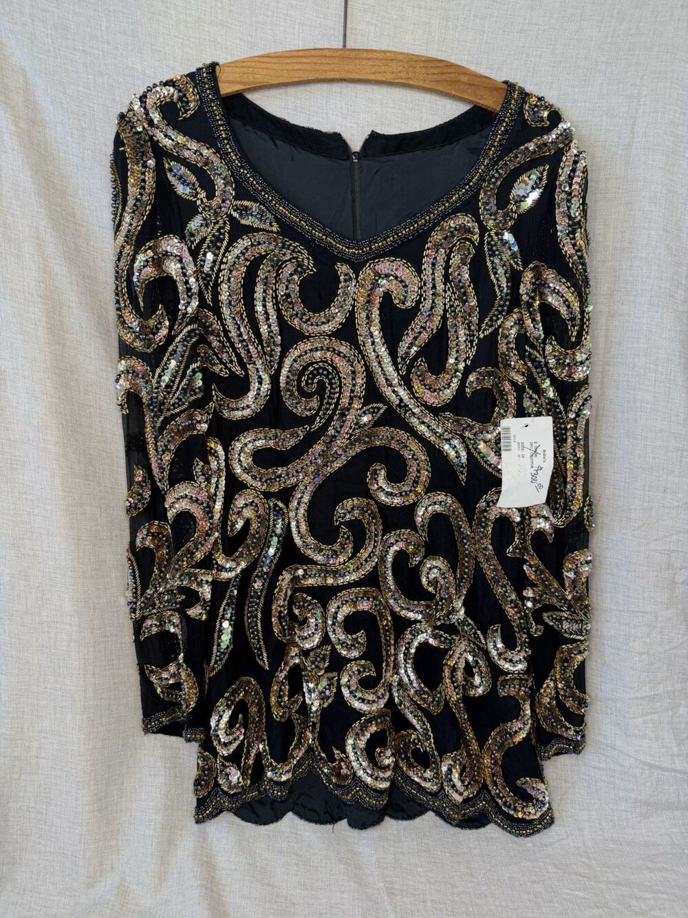 Vintage Women’s Blouse Black Silk Gold Sequin Beaded Long Sleeve Size M-L 14